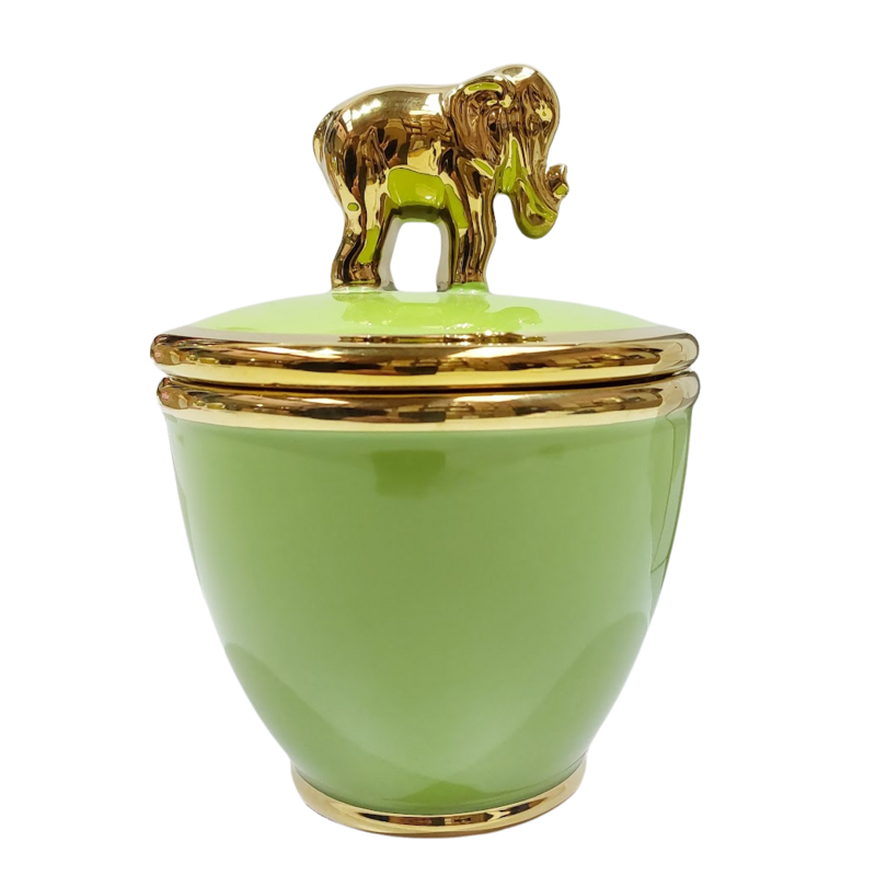 Sopera Porcelana Tapa Elefante 18 x 13,5 cm (Verde con dorado) 7 in